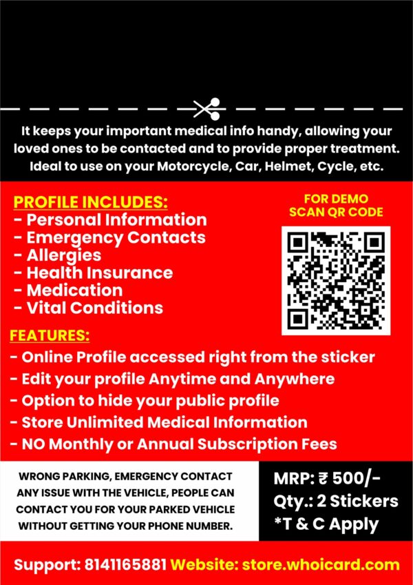 Medical ID Sticker - Biker Safety Sticker/Helmet Sticker/Car Safety Smart Medical ID Sticker - Add Unlimited Emergency Information with Profile Picture - Biker Safety Sticker/Helmet Sticker/Car Safety Sticker It keeps your important medical info handy, allowing your loved ones to be contacted and to provide proper treatment. Ideal to use on your Motorcycle, Car, Helmet, Cycle, etc. Biker safety sticker helmet sticker car safety india, Biker safety sticker helmet sticker car safety near, helmet graphics design sticker, venom helmet sticker design, motorcycle helmet decals, half helmet sticker, Biker safety sticker helmet sticker car safety in india, Biker safety sticker helmet sticker car safe near me, Biker safety sticker helmet sticker car safety in Vadodara, Biker safety sticker helmet sticker car safety in Mumbai, Biker safety sticker helmet sticker car safety in Ahmedabad, Biker safety sticker helmet sticker car safety in surat, Biker safety sticker helmet sticker car safety in Rajkot, Biker safety sticker helmet sticker car safety in delhi, Biker safety sticker helmet sticker car safety in Jaipur, Biker safety sticker helmet sticker car safety in indore, Biker safety sticker helmet sticker car safety in Gujarat,